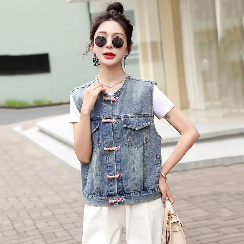 Women's Denim Vest Coat Women Sleeveless Jacket Spring Autumn Round Neck Female Jean Waistcoat Top Outerwear Ladies