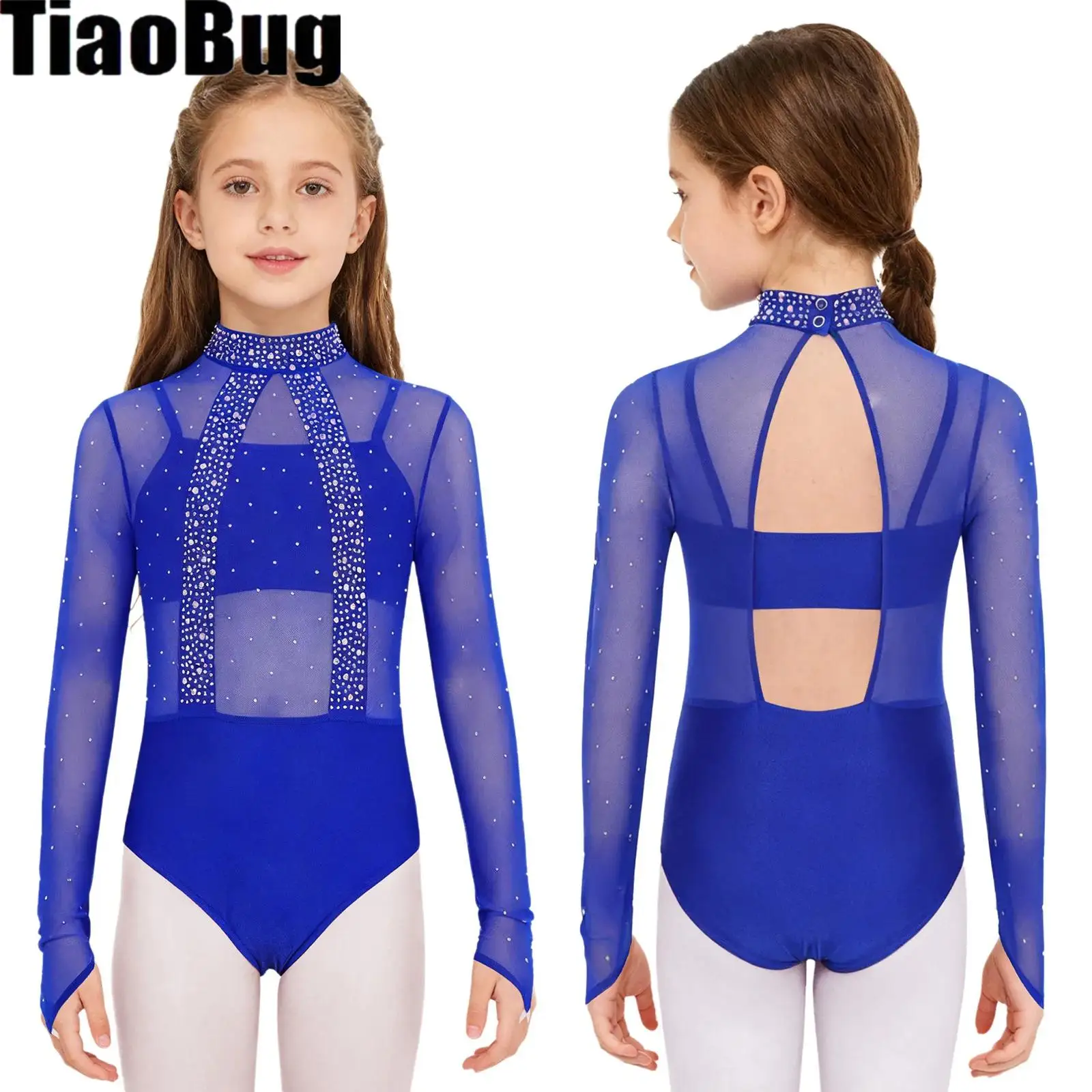 

Kids Girls Bodice Dance Leotard Mock Neck Long Sleeve Cutout Back Shiny Rhinestones Sheer Mesh Gymnastics Leotard with Camisole