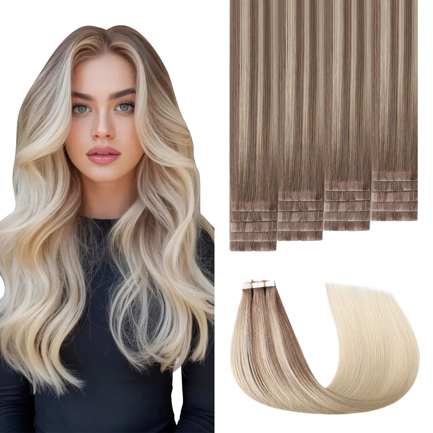 

Invisible Tape in Hair Extensions Real Human Hair #8/60 Ash Brown to Platinum Blonde Invisi Edge Tape ins Extensions