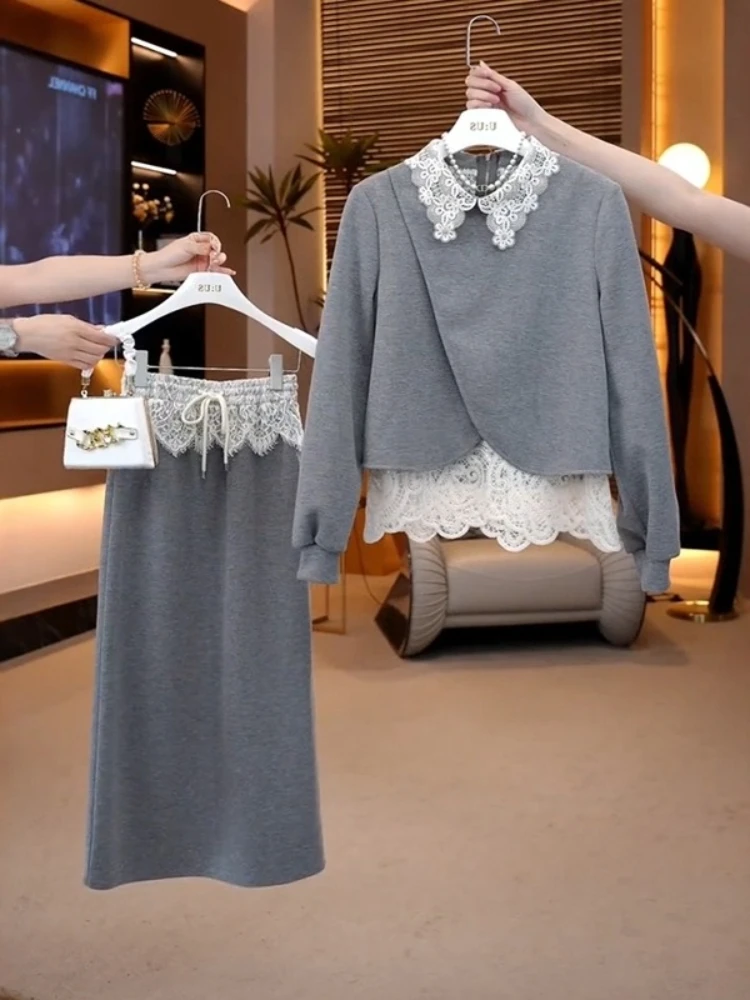 

2025 Spring Fashion Casual Set Skirt Lace Splicing Top+Half Body Skirt Fashionable and Stylish Style Two Piece Set
