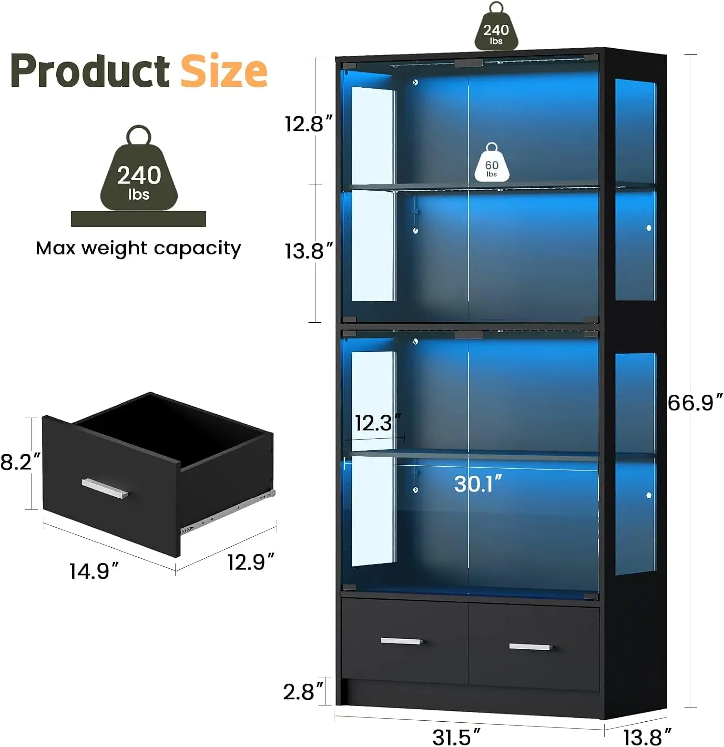 67 Inch Display Cabinet Glass Doors 2 Drawers Black RGB LED Lights Pop Up Adjustable Shelves Anti Tip Design