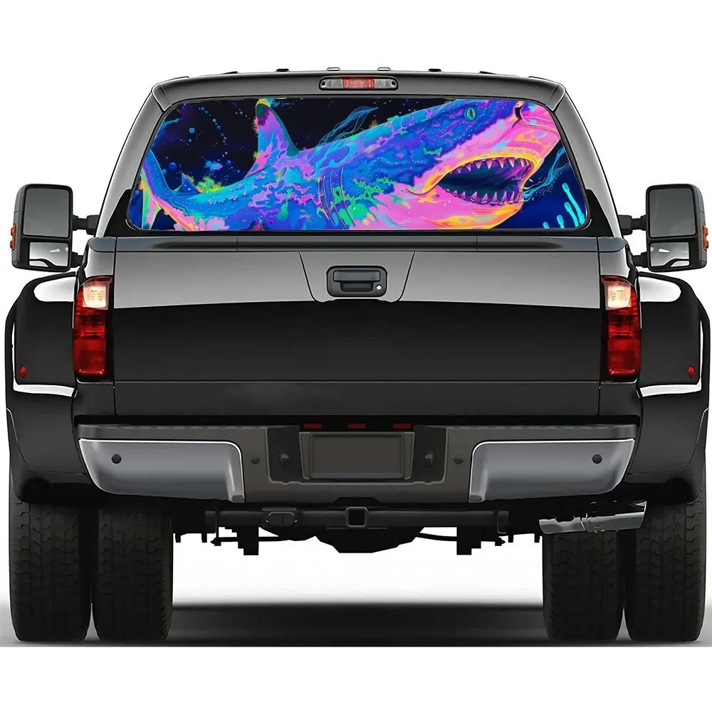 

Unique blue purple giant shark car rear window vinyl wraps sticker, self-adhesive waterproof rear window decoration,auto art sti