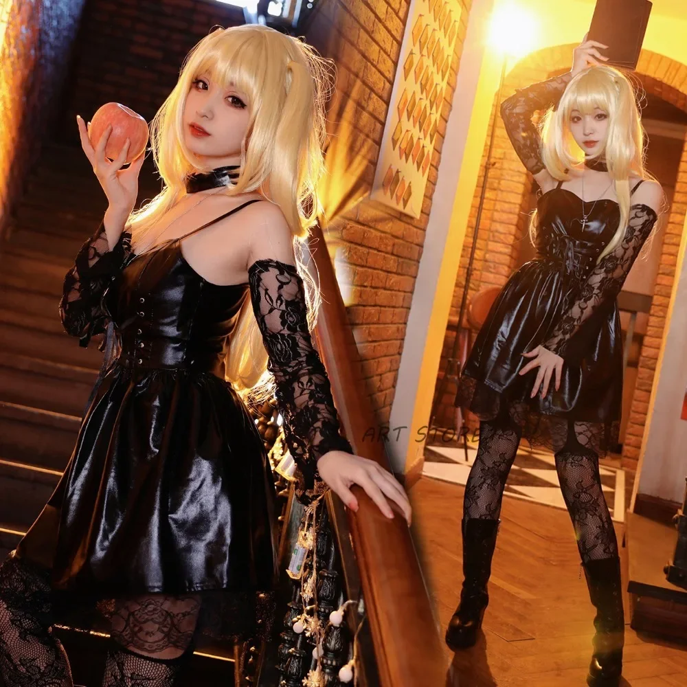 

Anime Death Note Misa Amane Cosplay Costume Leather Sexy Dress Wig Gloves Outfits Misa Cosplay Costumes for Halloween Party