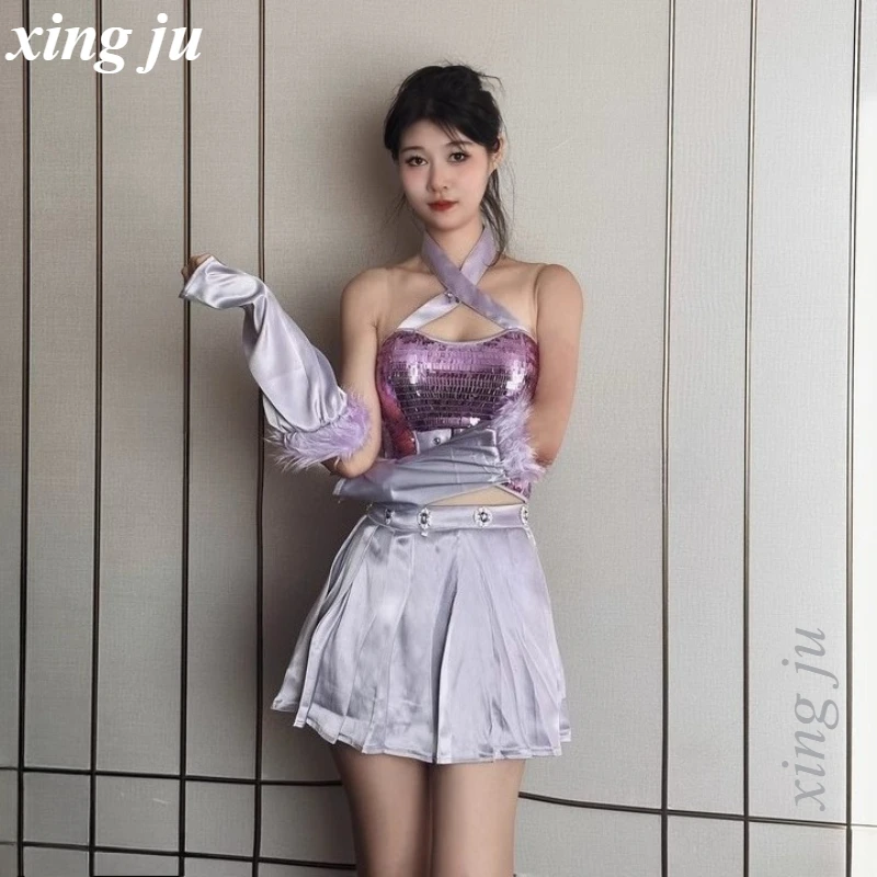 Nowa Kobieta Piosenkarka Kpop Fioletowe Cekiny Top na Ramiączkach Obcisła Plisowana Spódnica Strój Sceniczny Ubrania do Tańca Jazzowego Kostium dla Dziewczyny Tancerki Hip Hop