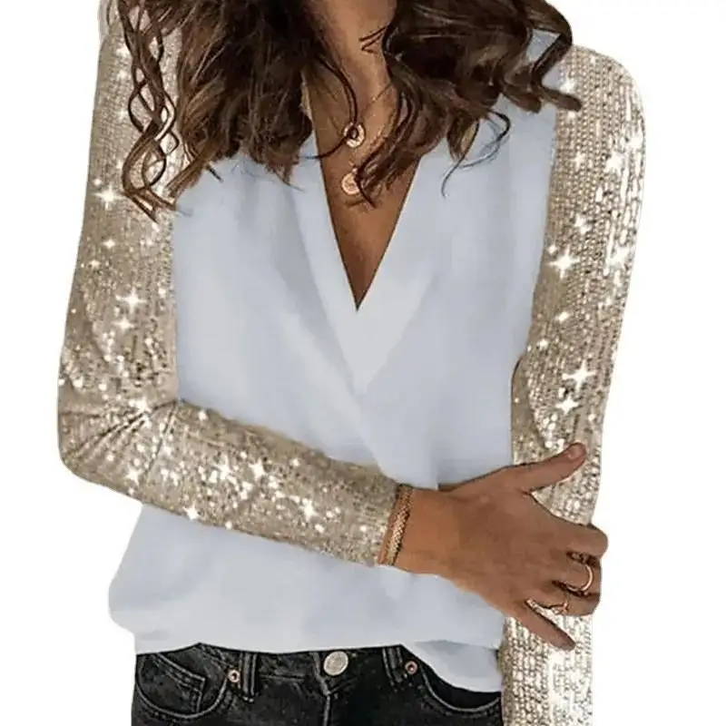 Chemisier à paillettes pour femmes, Patchwork, col irt Long, Fiber de Polyester, longueur régulière, automne, Non déformable