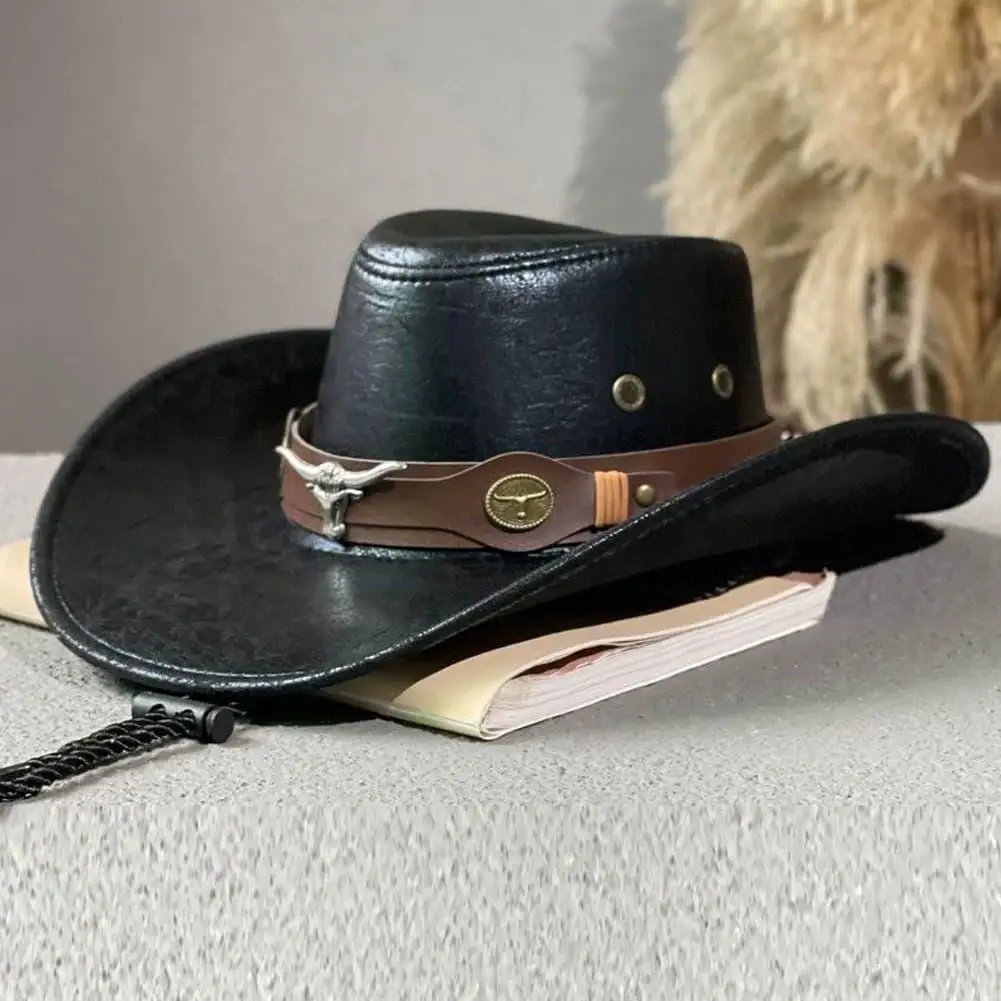 Vintage PU Leather Western Cowboy Hat Wide Brim Cowgirl Jazz Cap Wind Rope Bull Decoration Unisex Dress Hat for Holiday Cosplay