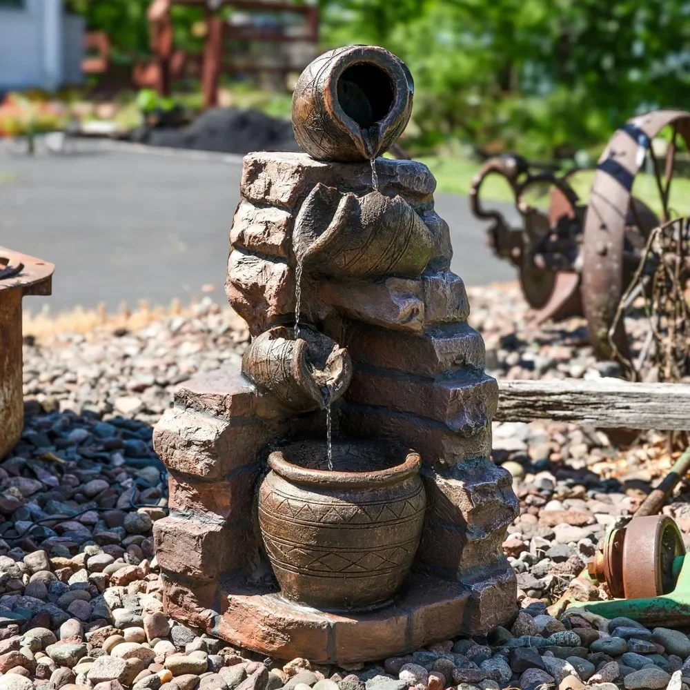 Crumbling Bricks and Pots 27-Inch Fountain with LED Lights and Battery-Powered Backup, Submersible Pump, Waterfall Fountain