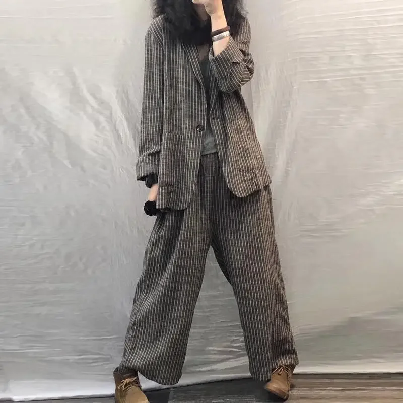 

2023 Spring Autumn Women Suit Large Size Casual Suits Fashion Art Retro Loose 2 Piece Set Women Suit Blazer and Pants Linen Set