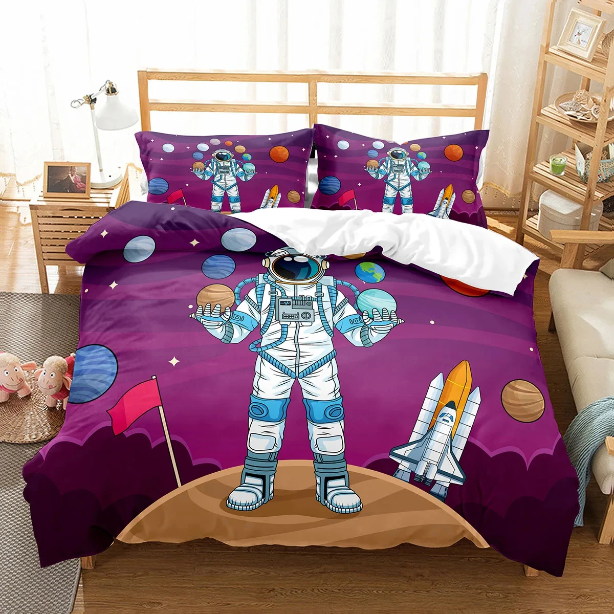 Cartoon Astronaut Duvet Cover Twin King Outer Space Planet Comforter Cover Starry Galaxy Bedding Set for Boys Girls Bedroom Dorm