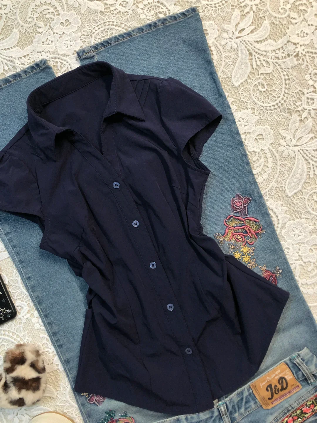 Vintage Korean Fashion Slim Fit Waist Cinched Dark Navy Button Down Puff Sleeves Blouse For Women Girls Casual Summer Daily Wear