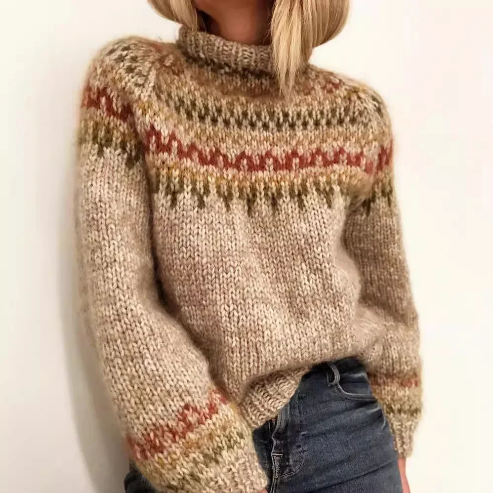 

Spring High Street Sports 2025 Pullovers Women Knitted Sweater Long Sleeve Turtleneck Jumpers Print Sweaters Loose Fit