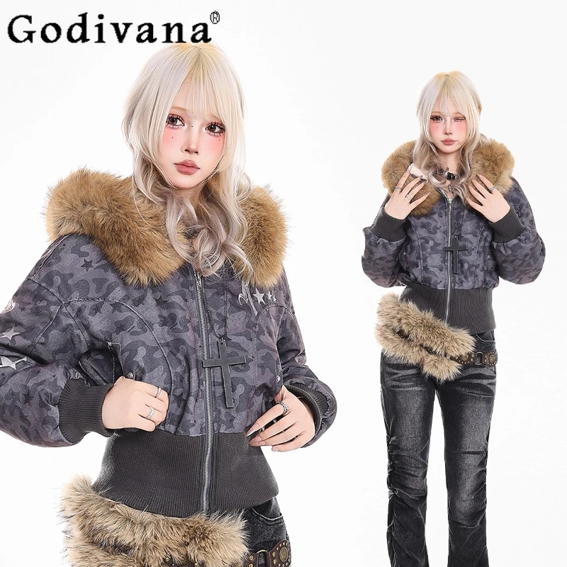 

Retro Camouflage Fur Collar Hooded Jacket for Women Winter Thickened Short Cotton Coat Female Slimming Waist Warm Parkas