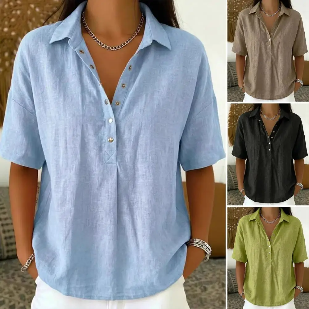 

Women's Summer Lapel Collar Button Down Shirt Casual Loose Short Sleeve Blouse Tops Pure Color Loose Fit Shirt Tops Parties