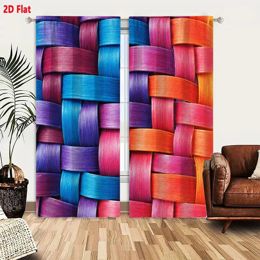2Pcs Curtains 2D Flat Colored Strip Woven Pattern Grid - Like Structure with Blue Purple Pink Orange Shades Vibrant Textured App