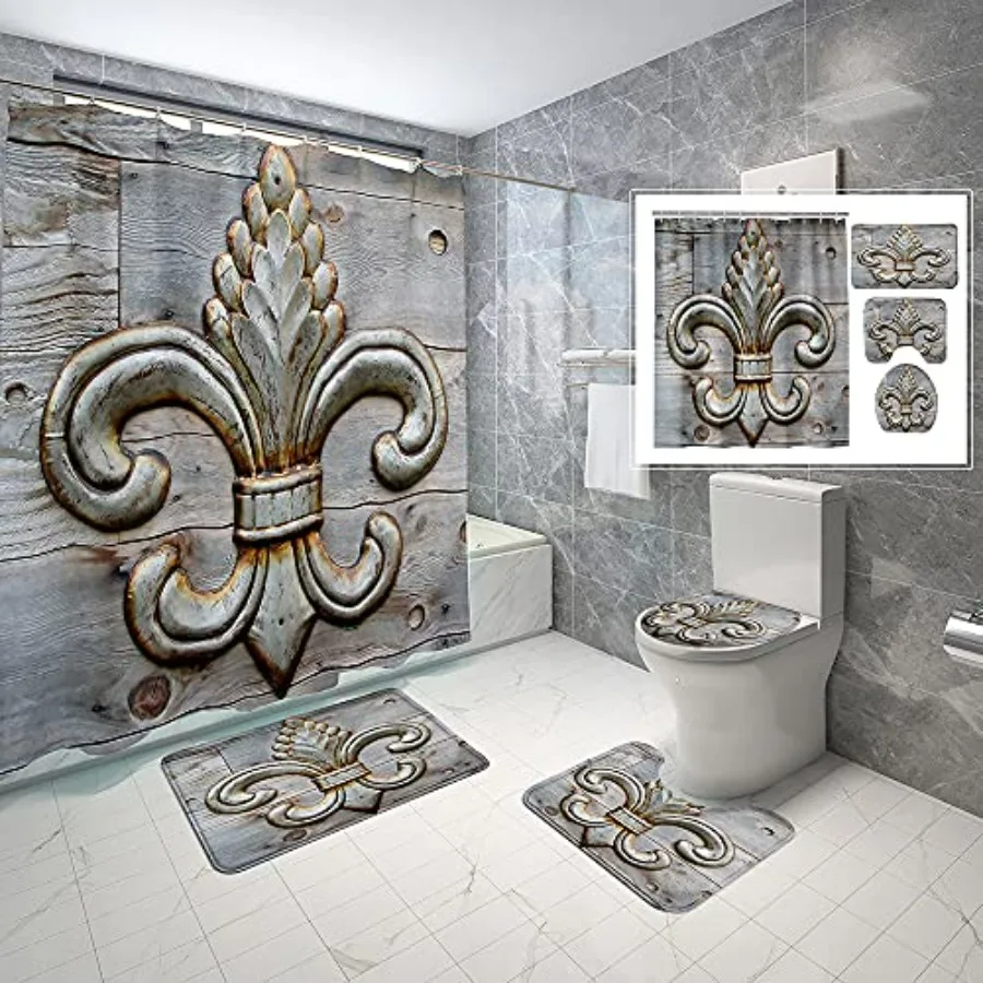 

4 Piece Fleur-De-Lis Waterproof Fabric Bathroom Set with Non-Slip Rugs Toilet Lid Cover and Bath Mat in White Waterproof Shower