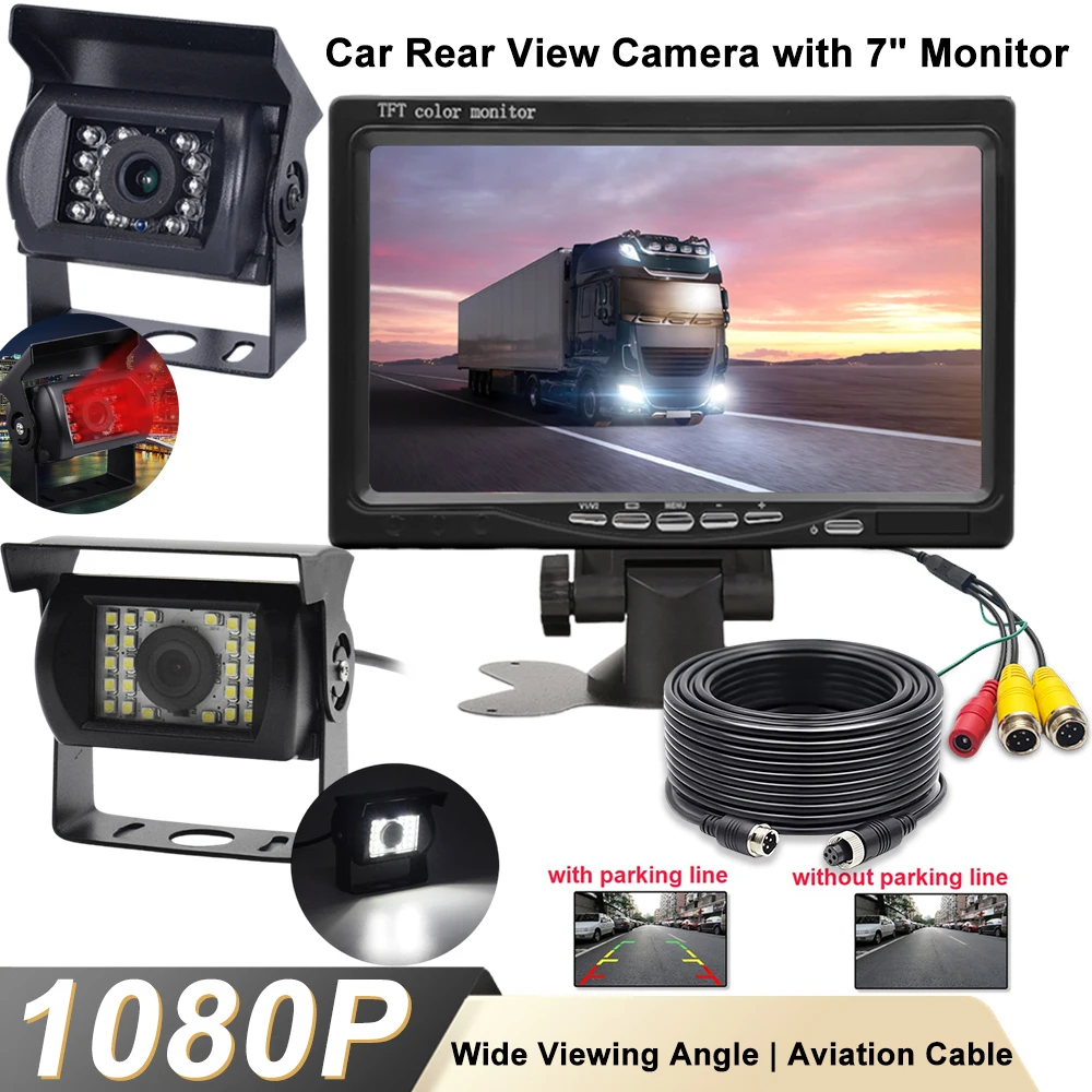 

12-24v Vehicle IR LED Back up Reverse Camera Night Vision 4-pin Connector 7" LCD Color Rear View Monitor 1080P for Bus Truck RV