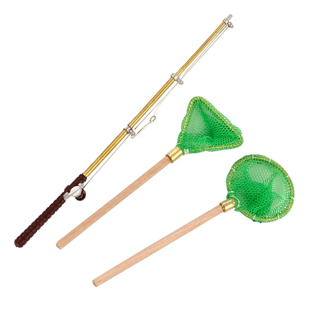 1/12 Dollhouse Miniature Accessories Mini Fishing Rod Net Set Fish Pole Model for Doll House Home Decoration ob11 bjd