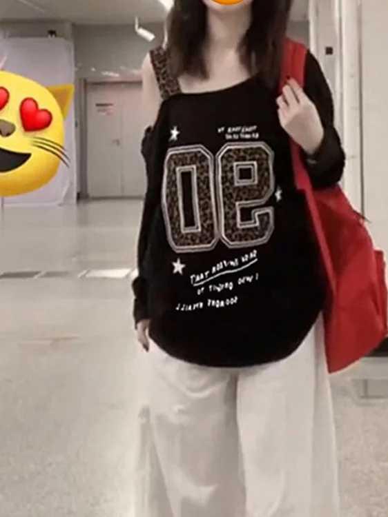 American Sle Leopard Print oulder Bared Long Sve T irt Women's Loose Slimming Spring Autumn New Faion Trendy Top