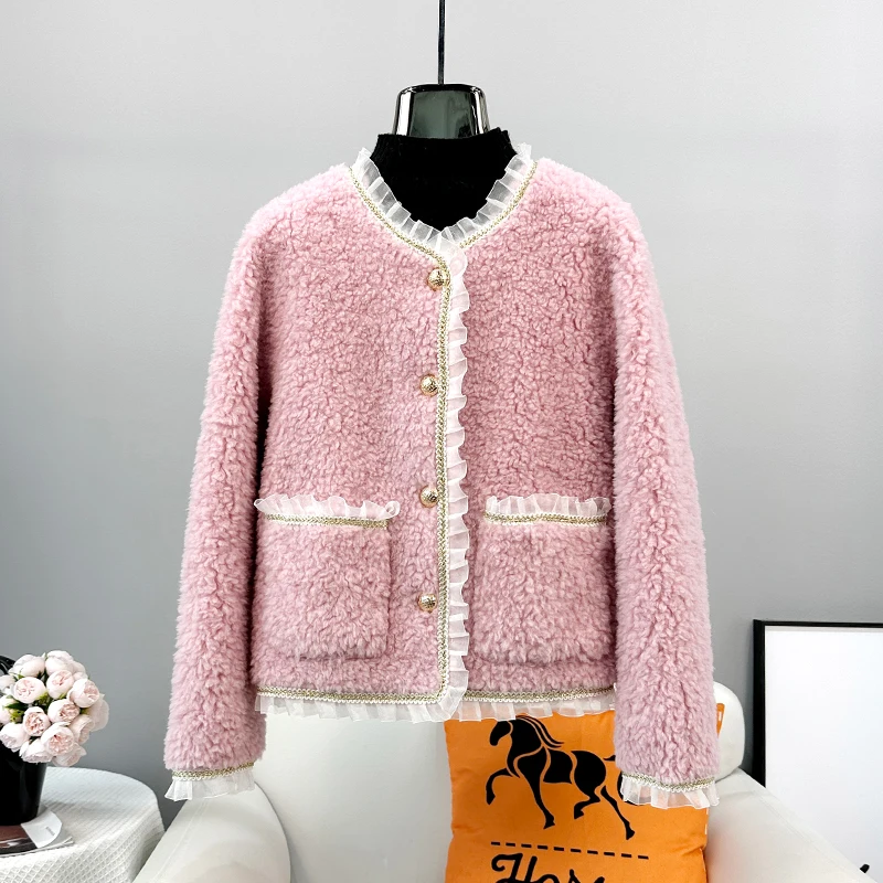 Women Lady Real Wool Fur Lace Jacket Female Girl Sheep Shearling Warm Winter Sweet Coat Parka JT3391