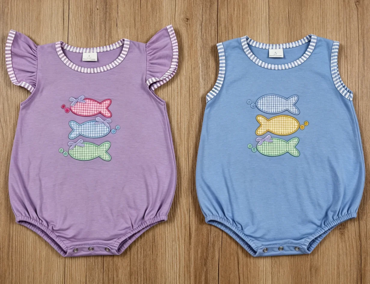 Wholesale Baby Boy Girl Embroidery Cotton Clothes Children Newborn Summer Rompers Toddler Kids Fish Jumpsuits