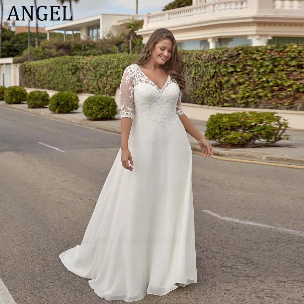 

ANGEL Customized Boho Plus Size Wedding Dresses 2026 A-Line V-Neck Long Bridal Gowns Appliques Zipper Organza Vestido de Novia
