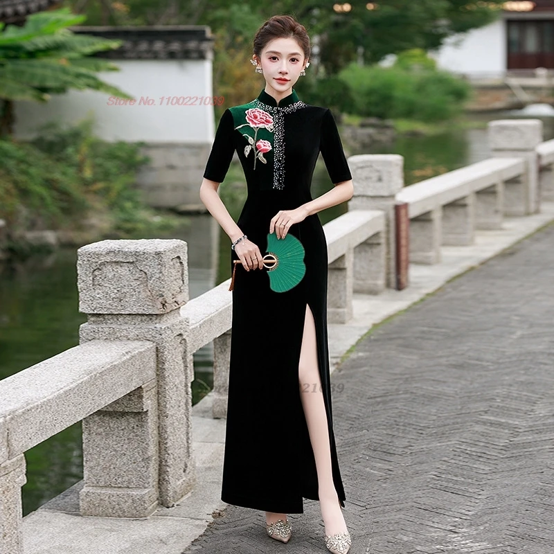 

2025 китайское улучшенное бархатное платье Ципао Cheongsam, национальная цветочная вышивка, формальное Ципао, ретро, банкетное вечернее платье, платье