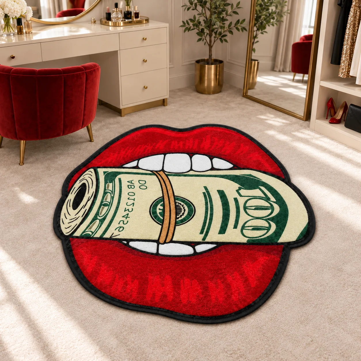 Red Lips Biting Money Shaped Area Rug, Pop Art Cash Novelty Floor Mat For Bedroom, Closet, Dorm, Living Room Decor And Gifts