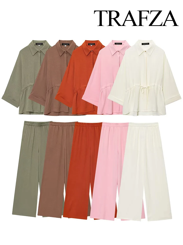 

TRAFZA Women Fashion Lapel Pull Rope Belt Single-Breasted Decorate Shirts+Elegant Elastic Waist Casual Wide-Leg Long Pants Suit