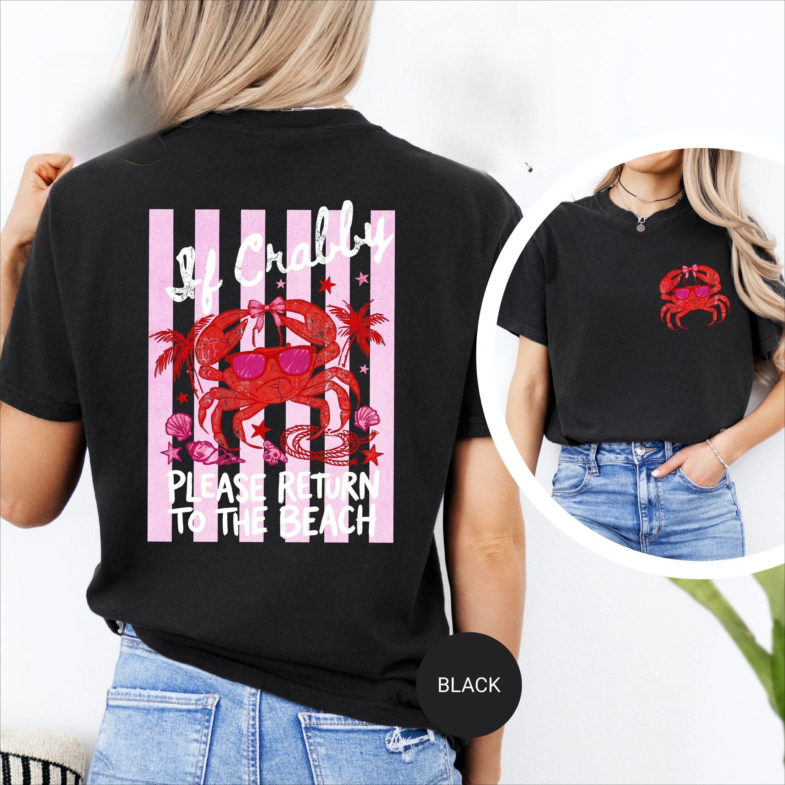 If Crabby Please Return To The Beach T-shirt Funny Crab Beach T Shirt Summer Cotton Short Sleeve Retro T-shirts Woman Clothing