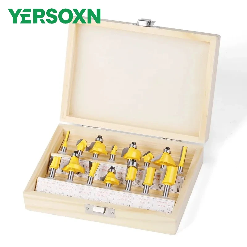 15PCS 6mm 8mm 1/2" 1/4" Shank Router Bit Set Trimming Straight Beading Milling Cutter Carbide Cutting Woodworking Tools