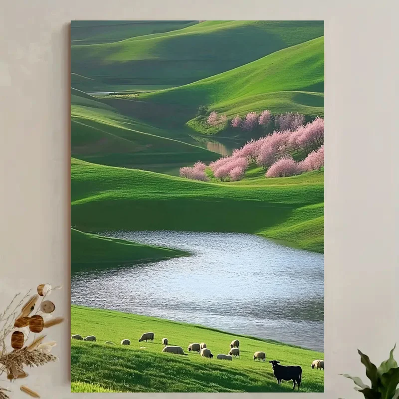 [2D Flat] Потрясающий холст Oasis Wall Art — Serene Green Hills и розовые деревья по воде, идеально подходит для домашнего декора и подарка, идеально подходит для