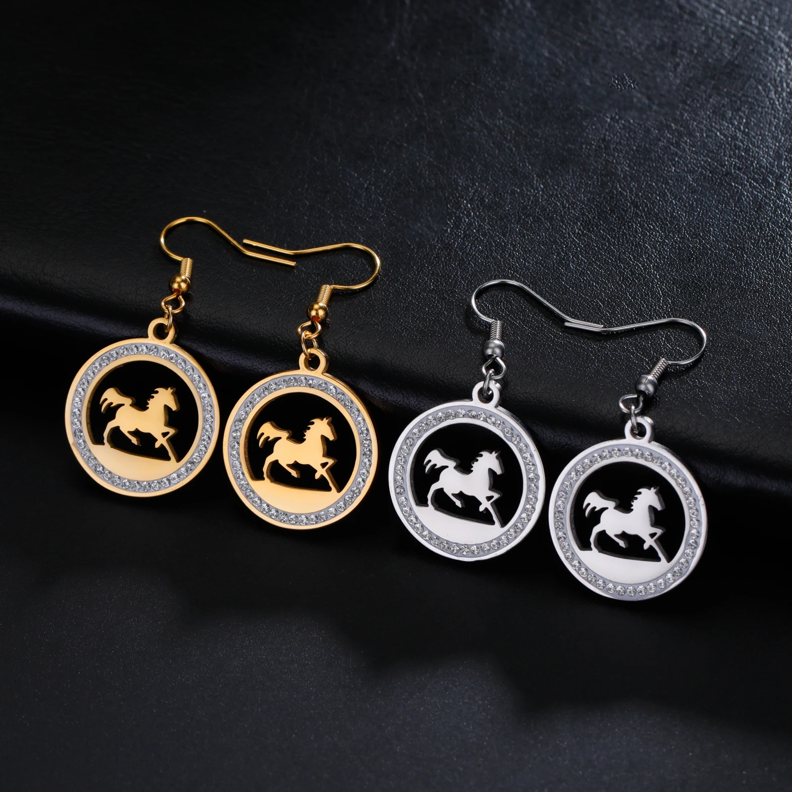 Skyrim Cool Running Horse Drop Earrings Women Girls Stainless Steel Clear Zircon Round Earrings Gold Color Animal Jewelry Gift