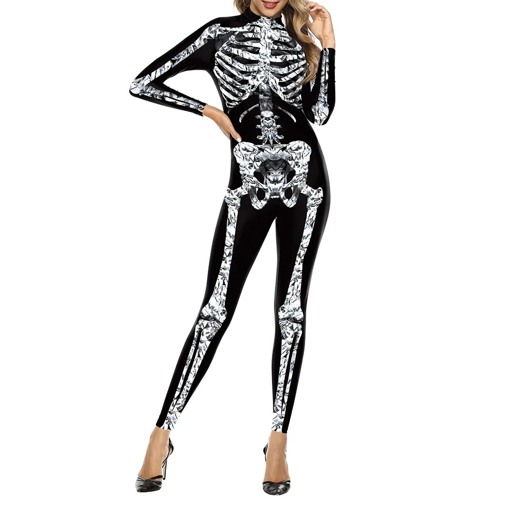 Carnival Funny Scary Skull Digital Printing Jumpsuit Bodysuit Women Halloween Cosplay Costume Holiday Party Neckerchief Catsuit