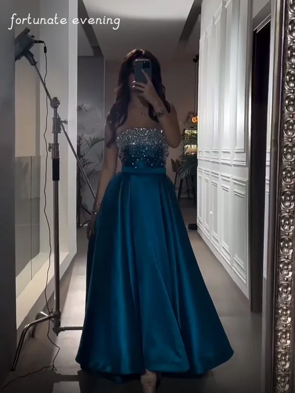 Fortunate Evening Elegant Vintage Peacock Blue Crystal Beading Sequins Customize Formal Occasion Prom Dress Evening Party Gowns