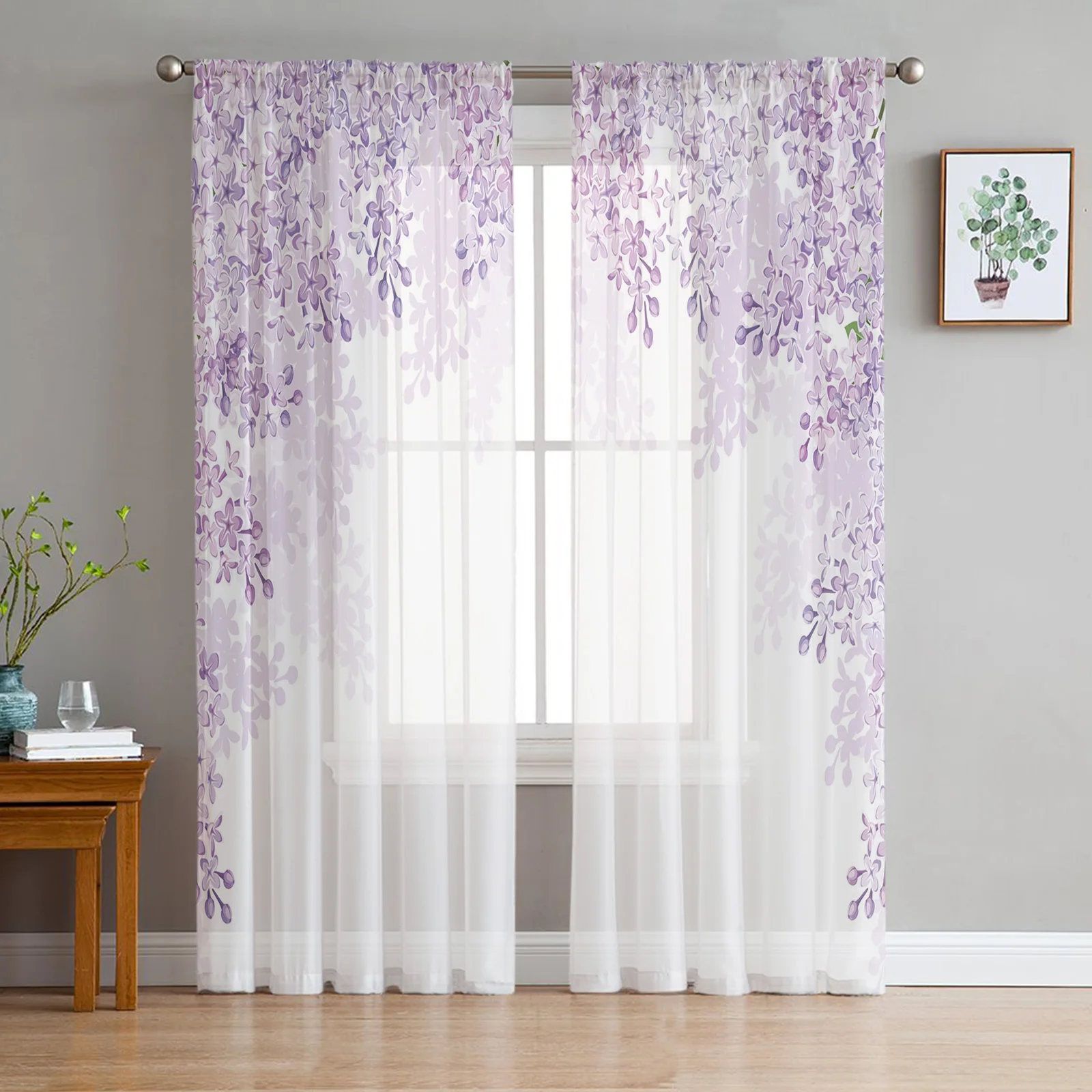 Purple Flower White Tulle Window Curtain for Living Room Modern Sheer Curtain for Bedroom Kitchen Drapes Custom