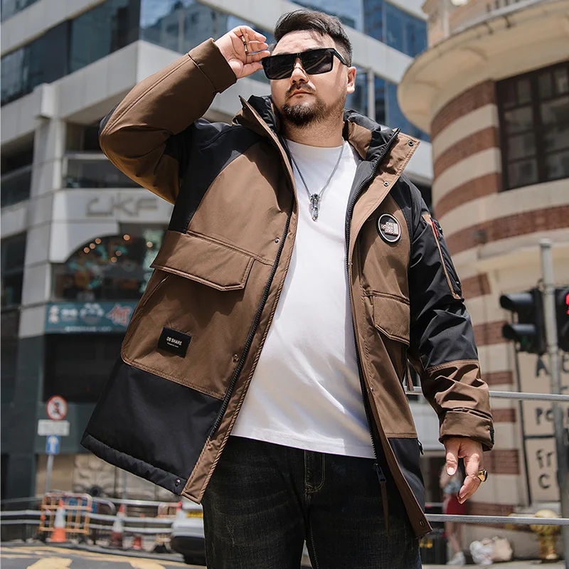 2024 winter new fat plus size men's medium and long hooded down jacket fat tooling down jacket