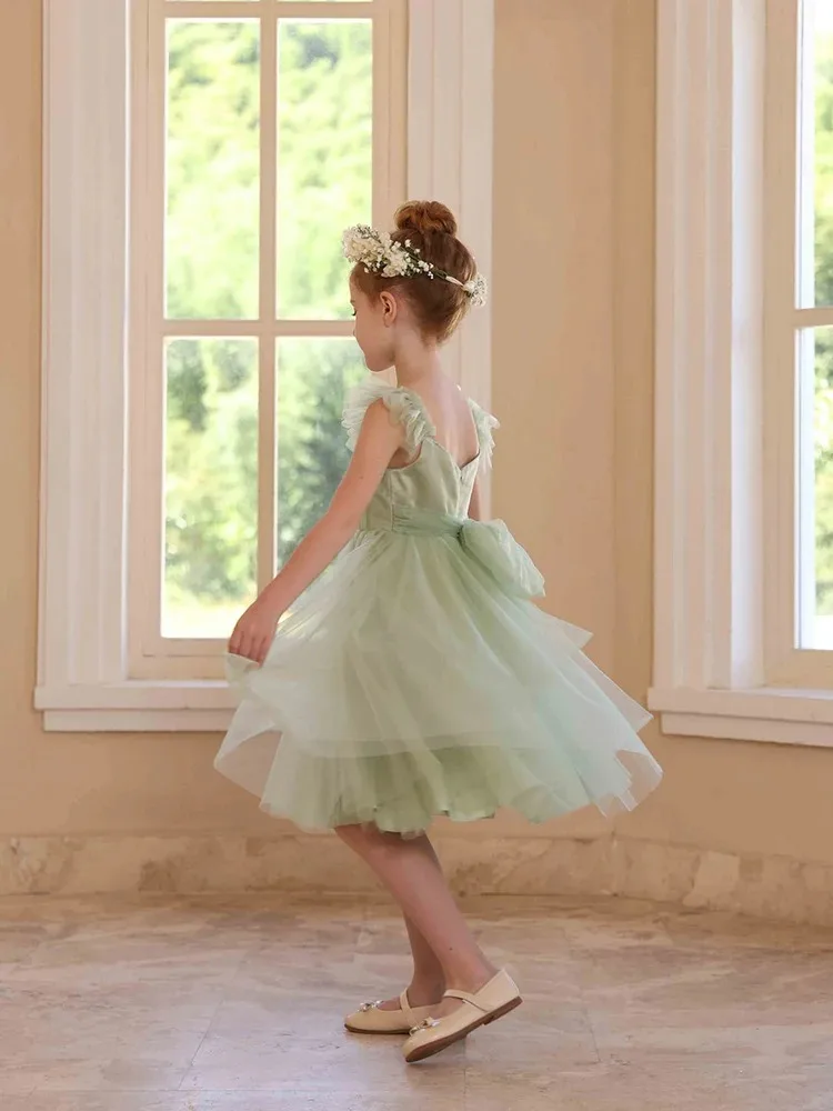 Tulle children's dress, flying sleeve ruffle flower girl dress, elegant formal dress, wedding guest beauty pageant dress