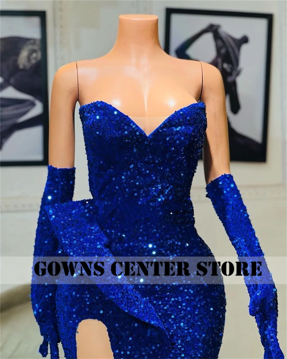 Fancy Royal Blue Sequin Mermaid Evening Dress High Split With Gloves Women Formal Party Dress robe de gala Sweetheart Customized