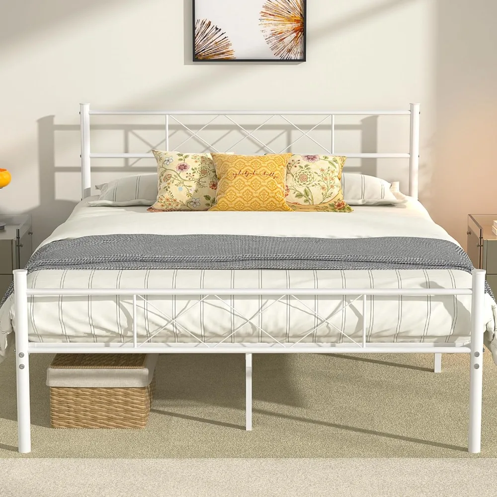 Full Size Bedframe Met Hoofdeinde, Zwaar Platform Met Sterke Metalen Latten, Geen Boxspring Nodig, Eenvoudige Montage, Puur Wit