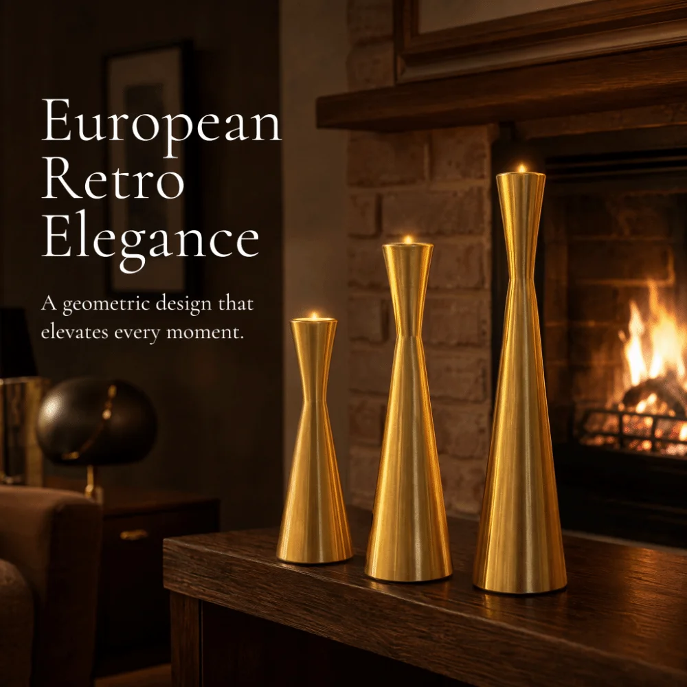 3pcs Aluminum Geometric Candle Holder 2.36in Large Medium Small Taper Candle Holder Gold Color Decorative Candle Stand