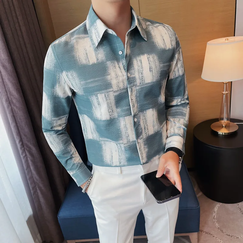 High Quality Summer Thin Long Sleeve Print Shirts For Men Clothing 2023 Business Casual Slim Fit Prom Tuxedo Blouse Homme White