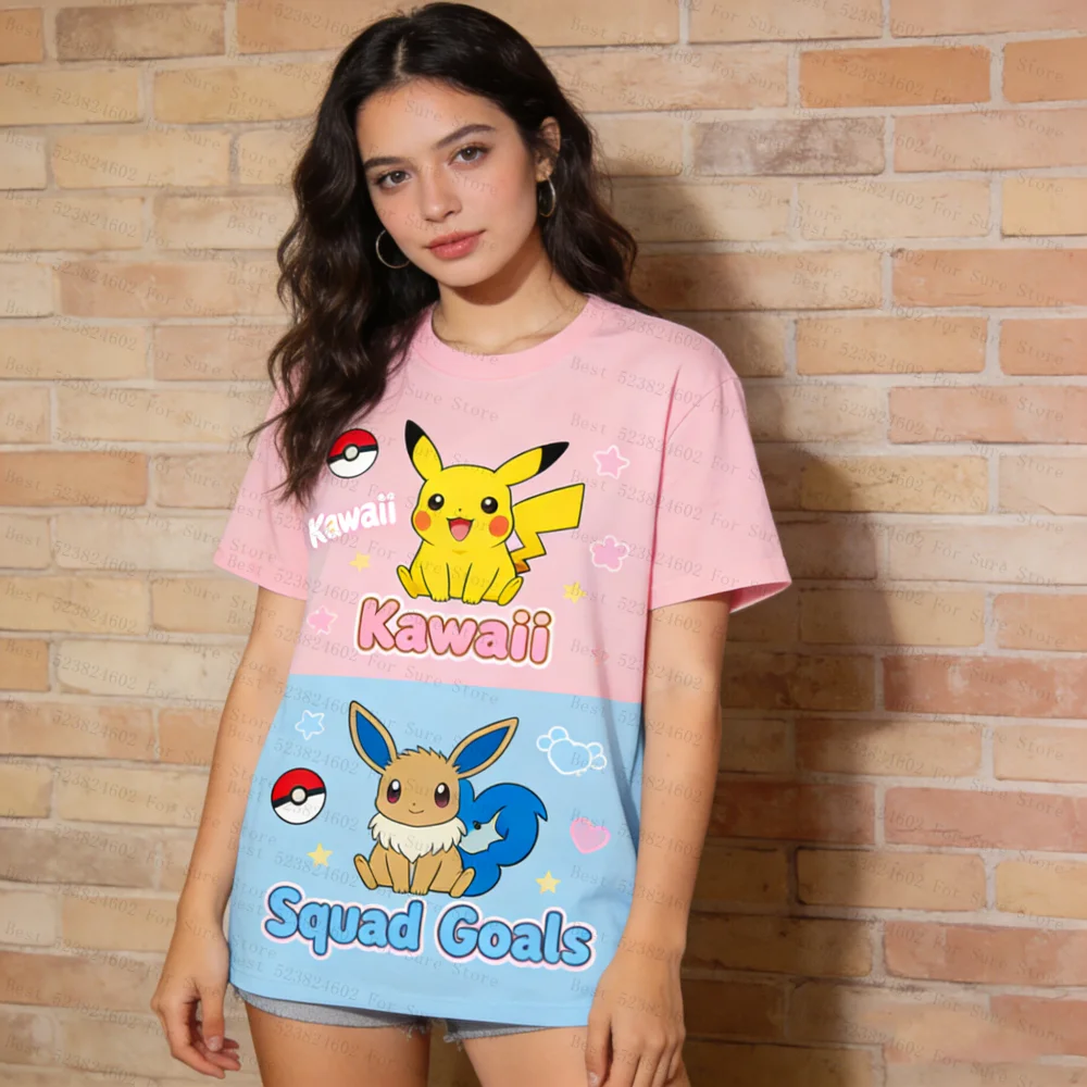 

Pokemon Printed T-shirts Women Kawaii Squirtle Charmander Pikachu Tees Casual Short Sleeve Oversized Tops Summer Y2K Streetwear