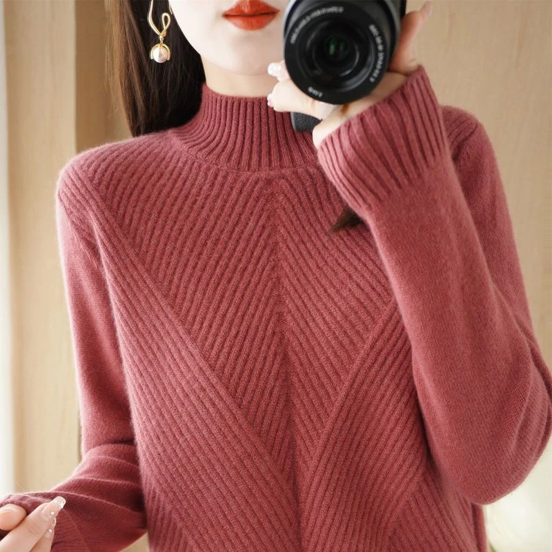 Autumn Winter Modified Body Shape Pullover Long Sleeve Base Shirt Sweater Top Underneath Half High Collar Knitwear Female