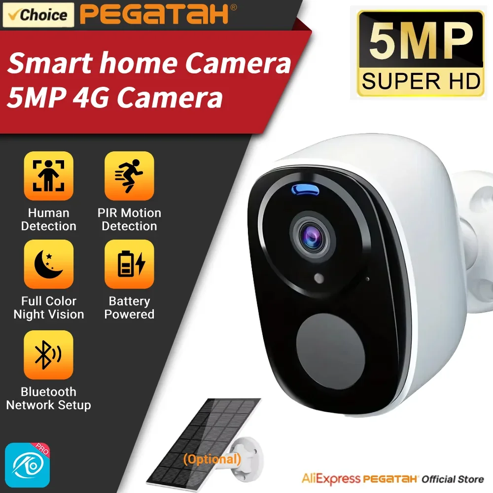 PEGATAH 4G 5MP caméra maison intelligente sans fil extérieure énergie solaire alimenté par batterie caméra PIR alarme de mouvement caméra de stockage en nuage