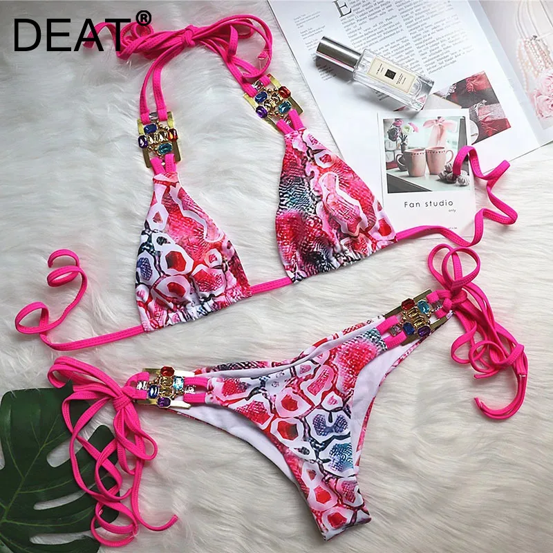 DEAT New Trendy Women's 3D Print Bandage Diamonds Casual Sling Biniki Set 2024 Summer Fashion Backless Female Swimsuit 11XX9158