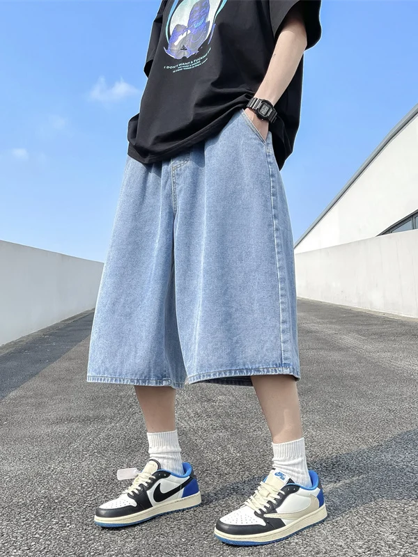 Loose Fit Japanese Style Wide Leg Jeans Shorts Men's Summer Thin Elastic Waist Loose Straight Knee-Length Seven-Five Pants