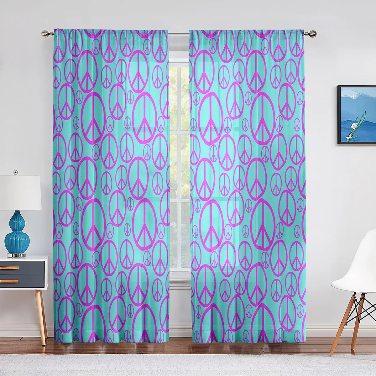 Floral Peace Sign Summer Spring Bloom Psychedelic Tulle Curtains for Living Room Bedroom Chiffon Sheer  Kitchen Window Curtain