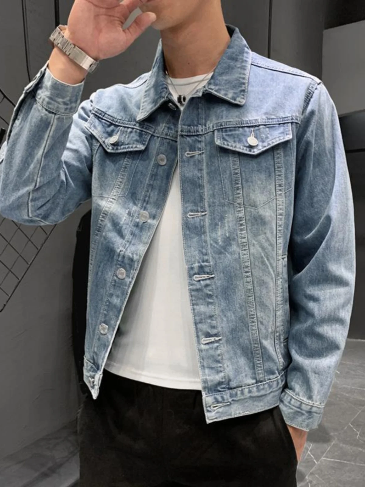 

Sli Slim Fit Men's Denim Jaet Casual Trendy Autumn Faion Break Hole Design Mid-Length Collared Upper Apparel