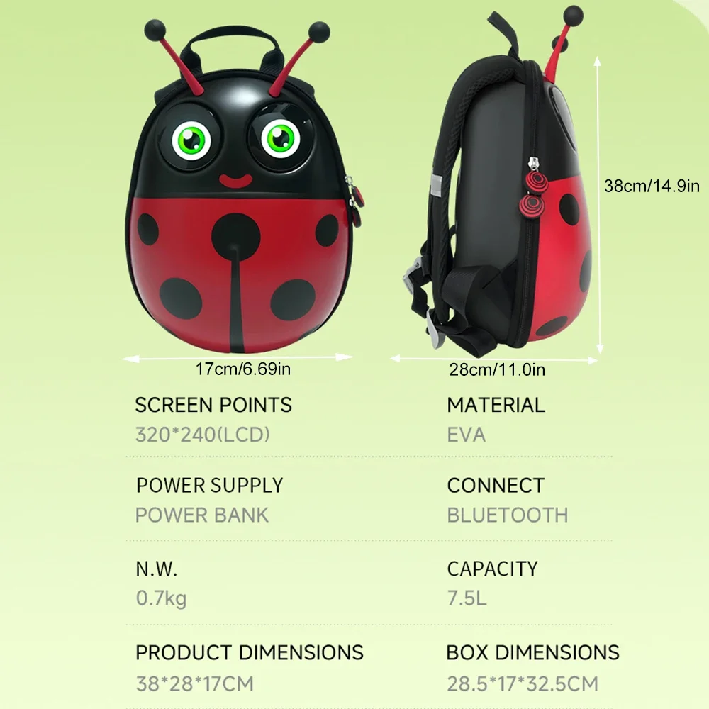 Cute Ladybug Hard Shell Backpack with LED Eyes Screen, DIY Programmable Full Color Display, Waterproof Casual Daypack for Girls
