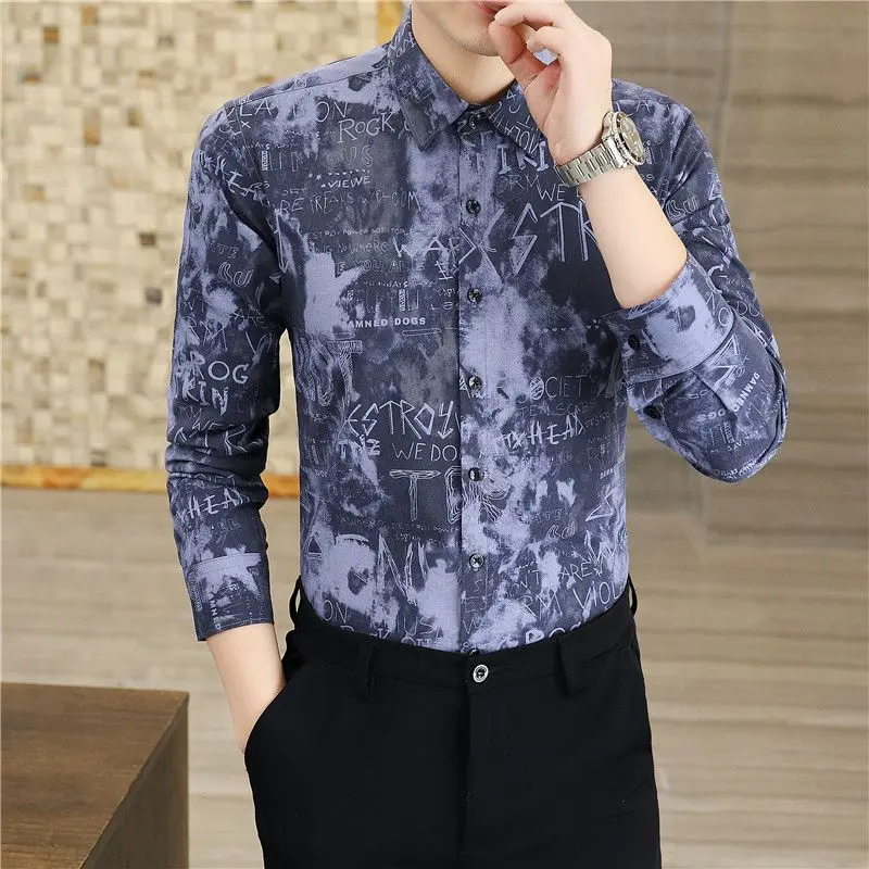 Spring and Autumn Men\'s Cardigan Single Breasted Polo Collar Letter Print Stripe Contrast Color Long Sleeve Shirt Fashion Tops